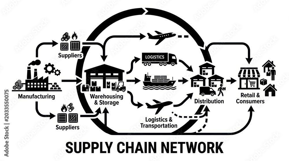 Obraz premium Supply Chain Network Logistics Flowchart Diagram.