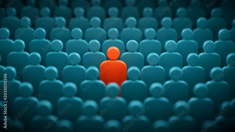 Obraz premium Unique Individual Standing Out in a Crowd Concept Showing Leadership Diversity and Different Thinking with Red Figure Among Blue People Background