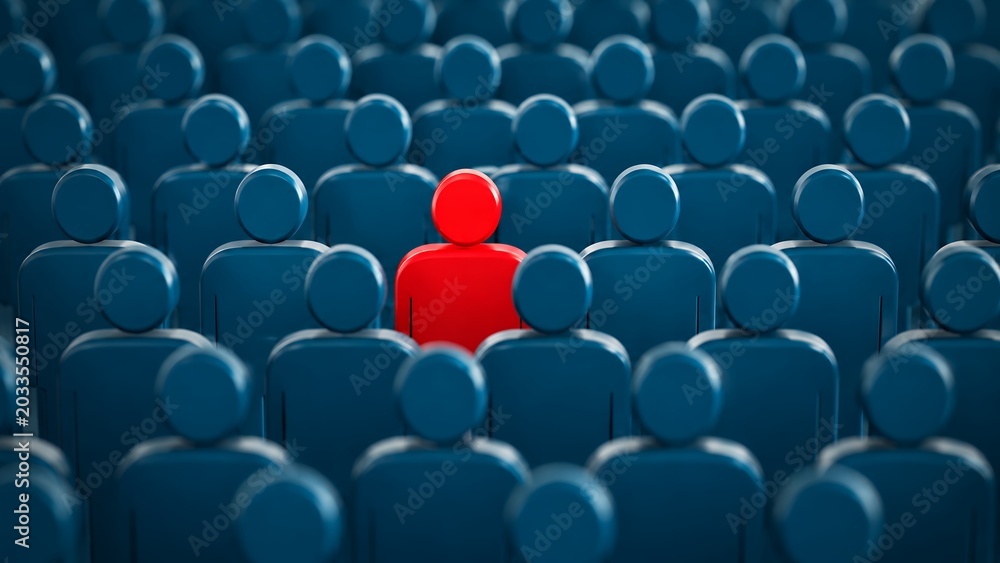 Fototapeta premium Unique Individual Standing Out in a Crowd Concept Showing Leadership Diversity and Different Thinking with Red Figure Among Blue People Background