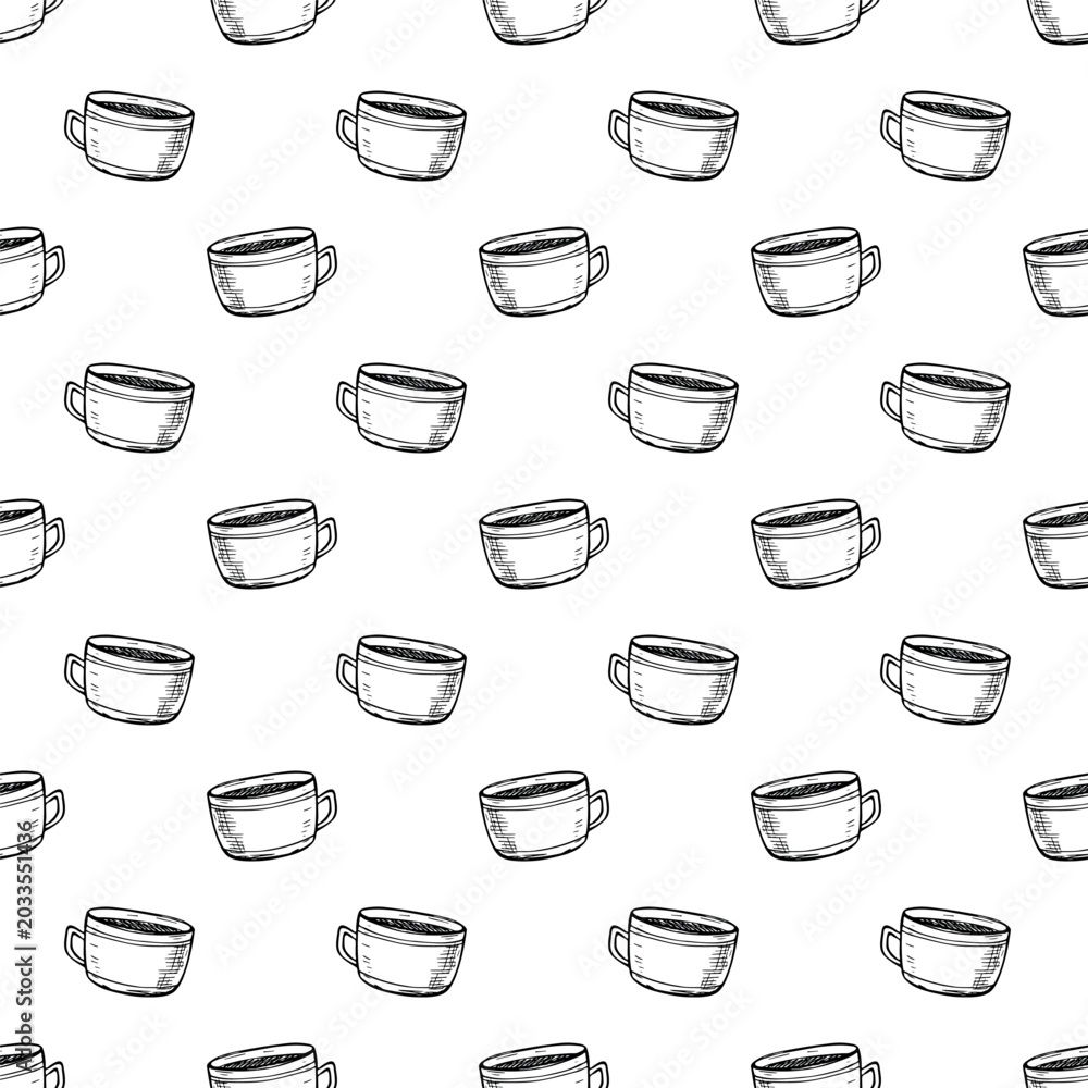 Obraz premium Seamless pattern with hand drawn cute cup of tea or coffee Simple mug Cozy home For decorative print, wrapping paper, fabric, packaging, background