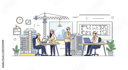 Architects and Engineers Collaborating on Construction Projects in a Modern Office Setting