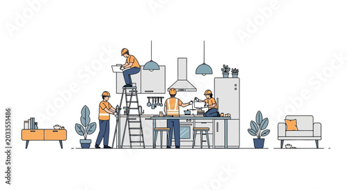 Professional renovation team transforming a modern kitchen with new appliances and modern amenities