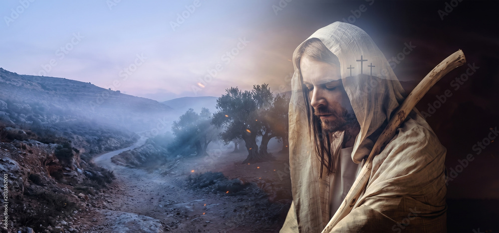 Fototapeta premium jesus praying garden, gethsemane spiritual scene, faith worship devotion, holy light grace, prayer religious background, christian sacrifice trust, divine peace solitude jesus, praying, garden, gethse