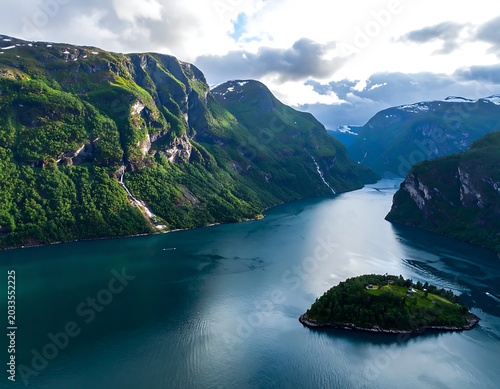 Aerial view of a serene fjord with lush green mountains