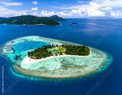 Aerial view of a small island with white sand beach and turquoise water