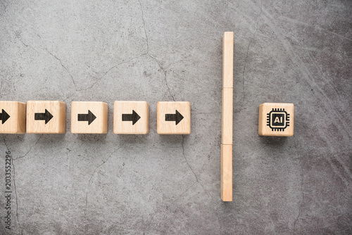 Arrow blocks facing a barrier before reaching AI symbol, representing obstacles to AI adoption, resistance to change, implementation challenges, and limited AI access