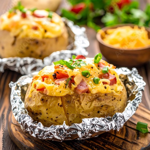 Baked potato with toppings on wooden board