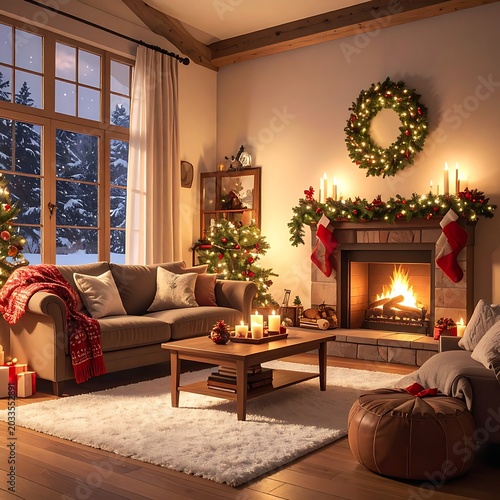 Cozy living room with Christmas decorations and fireplace (1)