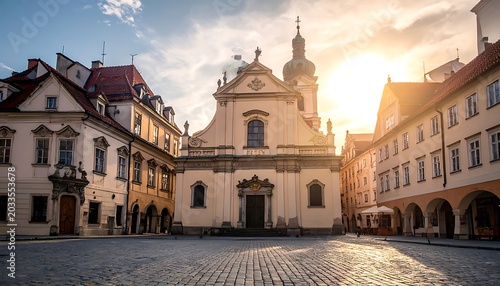 Historic buildings surround a church on a cobblestone square