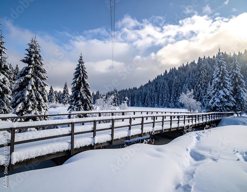 Snowy bridge in forest with cloudy blue sky
