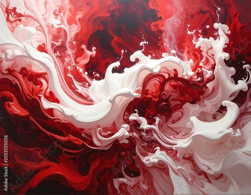 Vibrant red and white fluid art with swirling patterns