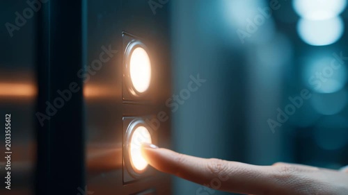 Finger pressing elevator button in modern urban setting  