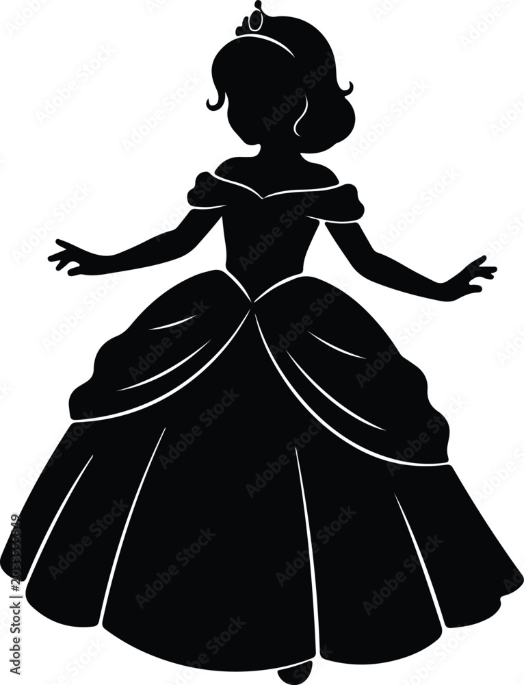 Fototapeta premium Silhouette vector princess with tiara and ball gown design