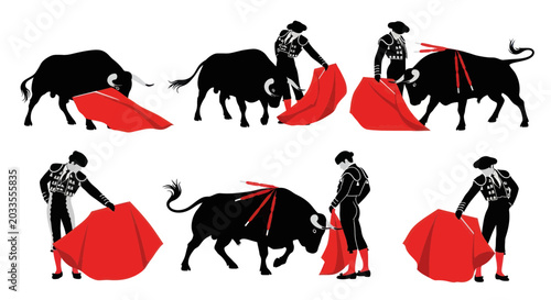 Cuadro en lienzo Bullfighter and Bull Silhouette Set, Spanish Tradition, Matador and Bullfight Ac