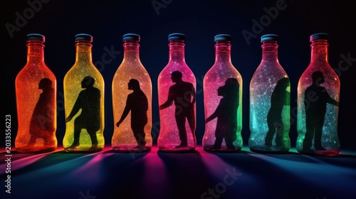 A row of vibrant glass bottles captures the essence of human spirits preserved in a spectrum of cosmic light.