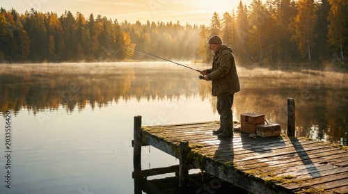 Serene Morning Fishing on Lakeside Dock-(Pagi yang Damai Memancing di Dermaga Danau)