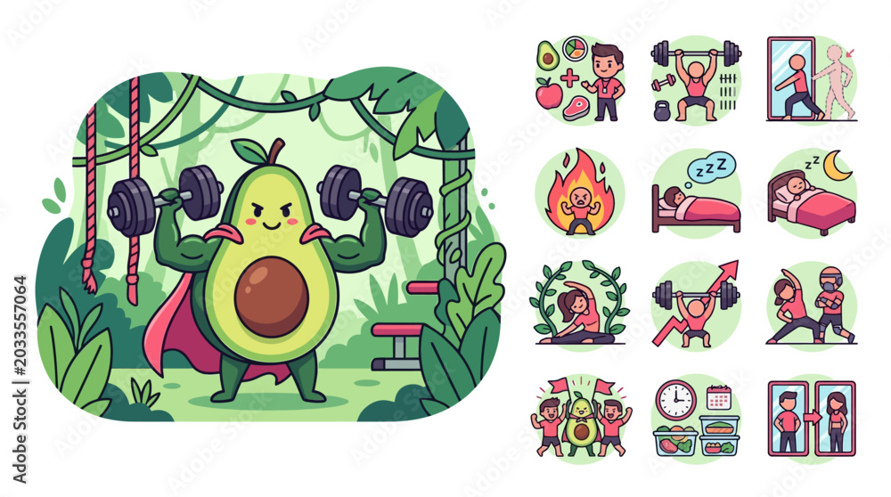 Fototapeta premium Cute Chibi Flat Vector Illustration of a Superhero Avocado Lifting Weights in a Jungle Gym with Fitness Icons for Health, Workout, Nutrition, Weight Loss, and Sleep Lifestyle.