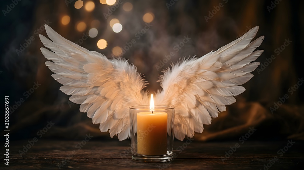 Obraz premium Glowing candle with white wings and bokeh lights, suitable for bereavement announcements, memorial cards, and condolence graphics.