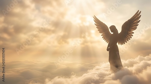 Guardian angel silhouette in golden light with clouds, ideal for sympathy cards, funeral programs, worship slides, and memorial backgrounds.