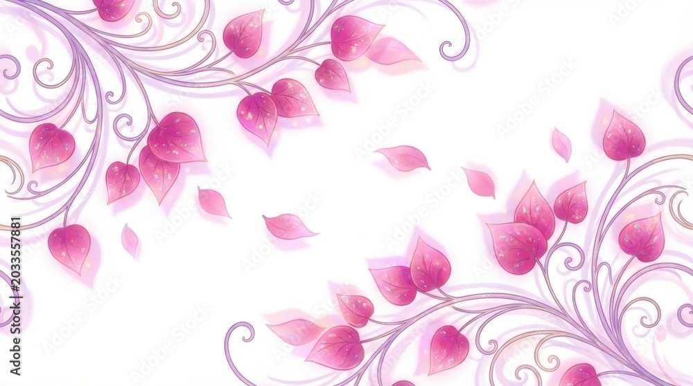Obraz premium Elegant Floral Design with Pink Petals and Swirling Vines on White Background.