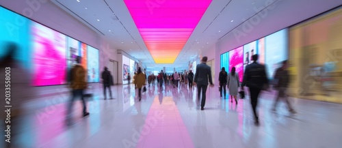 Bright blur of people walking in a modern shopping mall with colorful digital screens