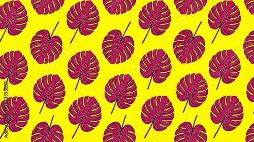 Vibrant Tropical Leaf Pattern on a Bright Yellow Background, Repeating Design.