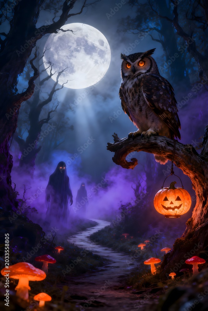Fototapeta premium Enchanted Moonlit Forest with Mystical Owl and Glowing Lanterns