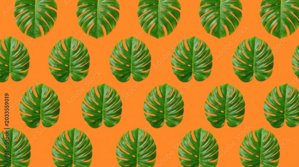 Naklejka premium Vibrant Tropical Monstera Leaf Pattern on a Bright Orange Background.