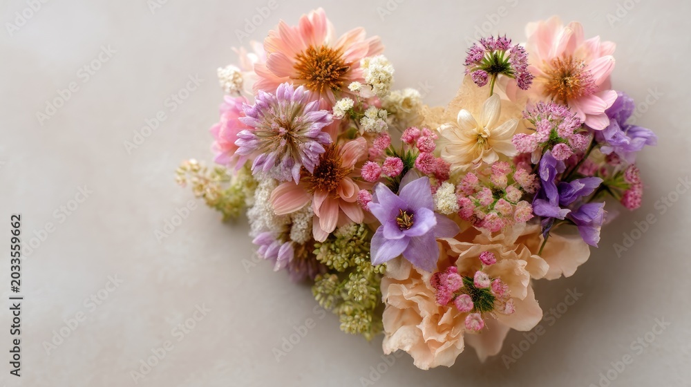 Obraz premium Heart-Shaped Arrangement of Delicate Flowers in Soft Pastel Colors on a Neutral Background