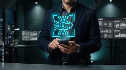 Businessman with Smartphone and Digital Interface Representing Financial Technology Concept in Modern Office