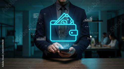 Businessman Holding Smartphone with Digital Wallet and Money Graphics in Modern Office Environment