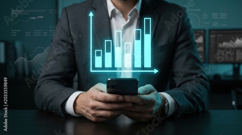 Business Professional Analyzing Data on Smartphone with Graphs and Statistics in Modern Office Environment