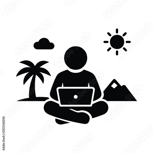 Person with laptop in serene landscape during sunny day concept for remote work and freedom Isolated on white background