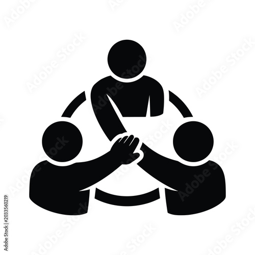 Three people in silhouette joining hands in a circle representing teamwork and collaboration during a meeting isolated on white background