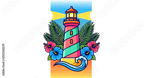 Colorful lighthouse with striped tower.