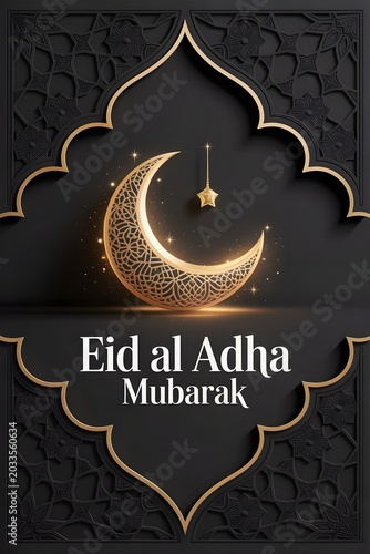 Eid al adha mubarak greeting with crescent moon and star