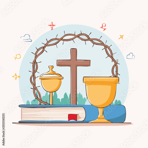 Christian Symbols: Cross, Chalice, Crown of Thorns, and Bible