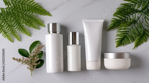 Minimalist Arrangement of Skincare Products with Natural Greenery on a Light Marble Background