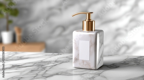 Elegant Marble Soap Dispenser with Golden Pump on Sleek Marble Countertop in Modern Bathroom Setting
