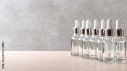 Elegant arrangement of glass dropper bottles filled with clear liquid on a neutral background for beauty and skincare concepts