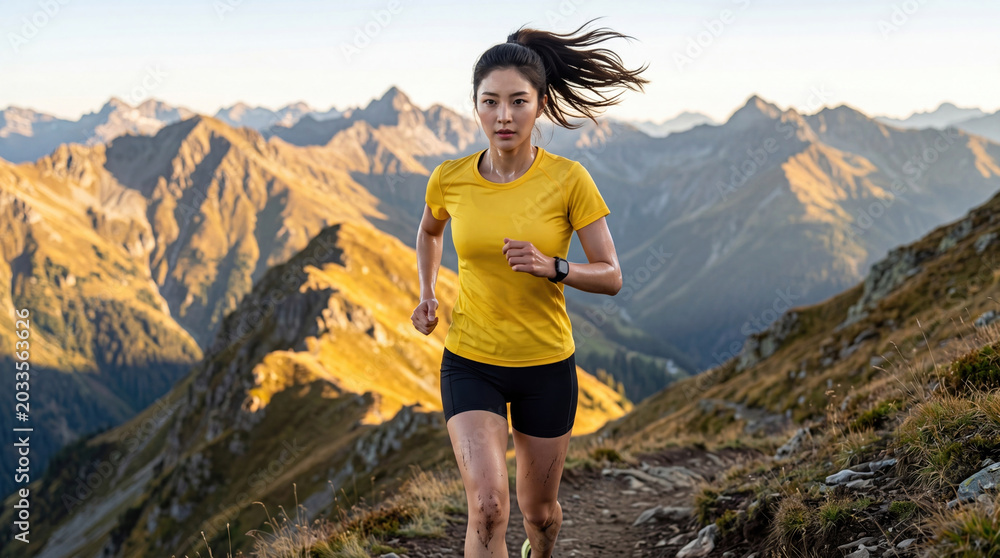 Obraz premium Young woman trail running in yellow shirt with mountain view