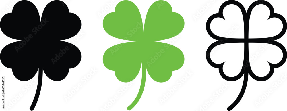 Fototapeta premium Four leaf clover icons, lucky shamrock symbols vector modern Irish design collection artwork graphics icons