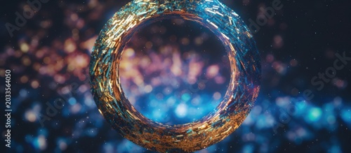 A mesmerizing cosmic ring shimmering with crystalline light and vibrant energy.