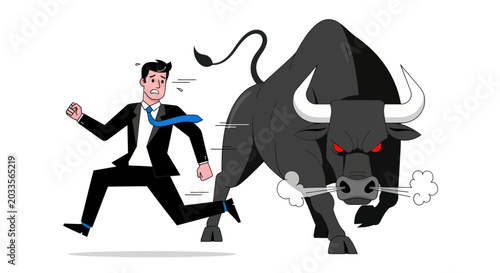 Cuadro en lienzo Businessman Running From Aggressive Bull, Stock Market Crash Concept