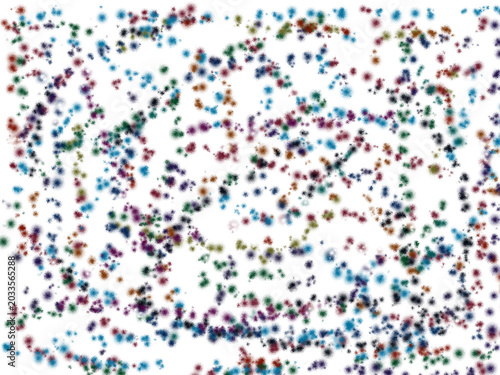 Scattered tiny colorful dots and specks in blue purple green and red on a white background
