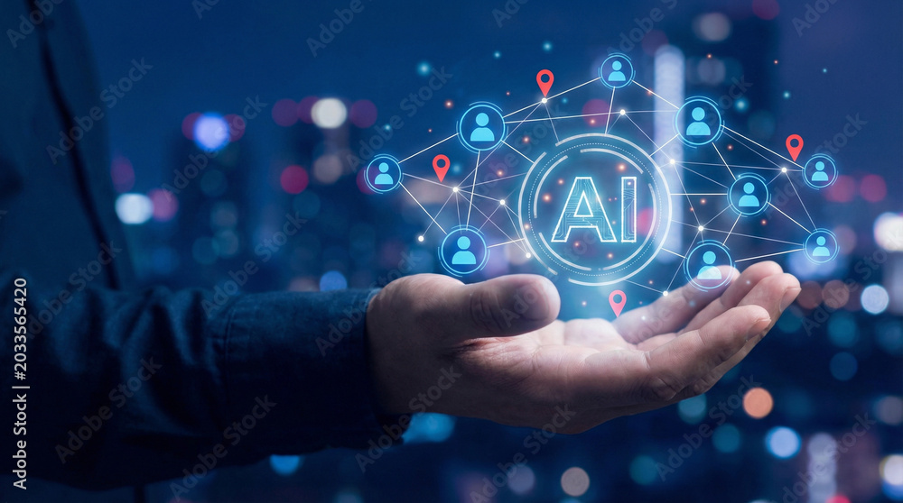 Fototapeta premium Holographic AI user network interface with location pins held by professional for digital connectivity management