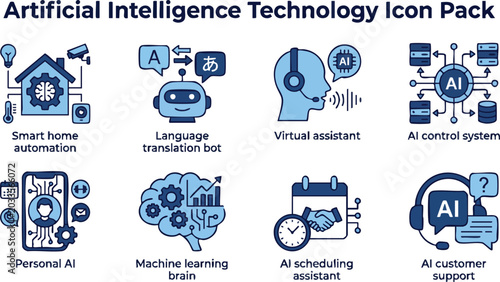 Artificial intelligence technology icon pack with smart home, virtual assistant, machine learning brain, and automation concept icons