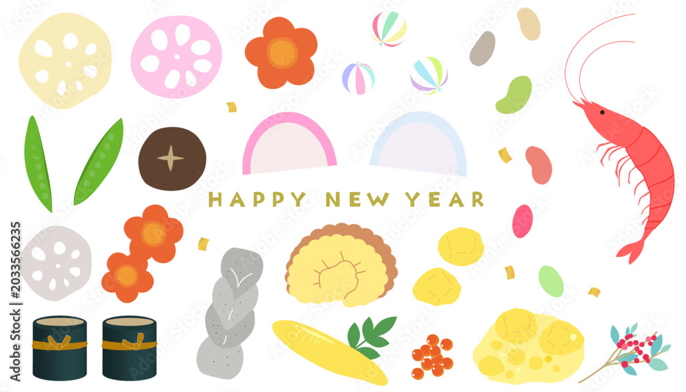 Fototapeta premium おせち料理のアイコンイラストセット 年賀状イラスト素材 和食