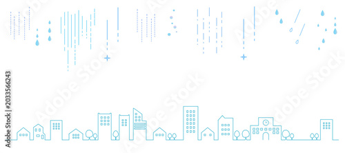 Tableau sur toile 雨が降るシンプルな街並みの線画イラスト　背景イラスト　都市景観