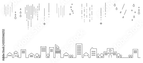 雨が降るシンプルな街並みの線画イラスト　背景イラスト　都市景観